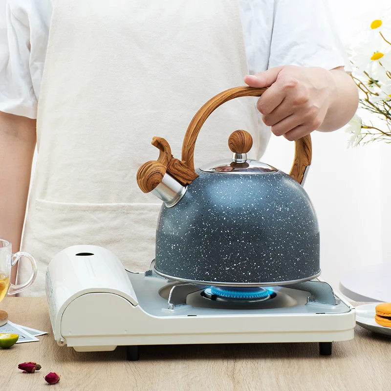 

New Wood Grain Handle Whistle Kettle Gas Induction Cooking Universal Sound Kettle Kitchen Hotel Whistle Kettle