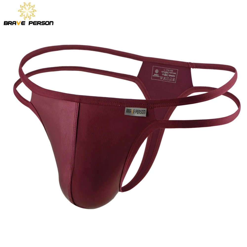 BRAVE PERSON Men Briefs Sexy Underwear Men Thongs  Imitation Leather Fabric Double Belts Design Sissy Panties Thongs for Man