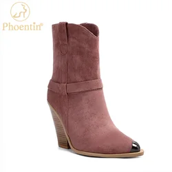 Phoentin velvet women's boots on a wedge 2020 cowboy Boots female winter slip on pink ladies shoes metal pointed toe FT1095