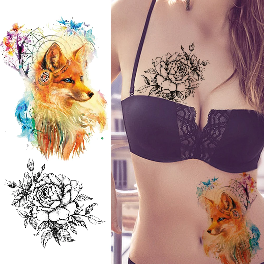 Colorful Fox Hummingbird Temporary Tattoos Sticker Realistic Fake Jewelry Lavender Planets Tattoo For Women Sexy Body Art Tatoos