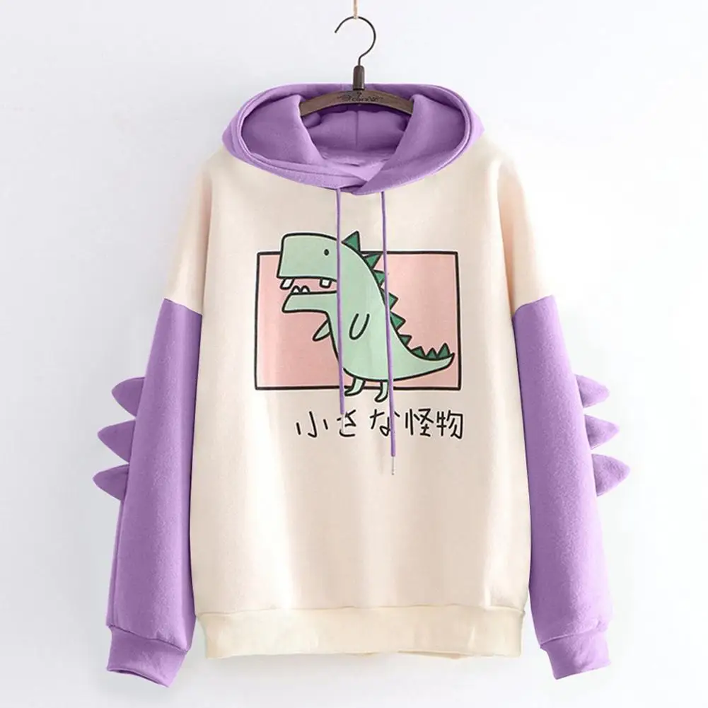 Cute Dinosaur Cartoon Hoodie Women Fashion Sweatshirt Casual Print Long Sleeve Korean Style Splice Tops Kawaii Clothes