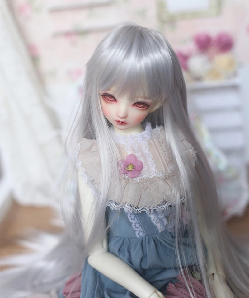 New1/3 1/4 1/6 Bjd doll Wig High Temperature Silver soft long straight hair Bangs black Bjd Wig yosd DD SD  For BJD Doll Wig