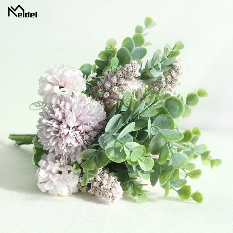 Meldel Wedding Flower Bouquet Bride Fortune Ball Artificial Silk Flower Bouquet Pompom Begonia Eucalyptus Leaf Wedding Bouquets