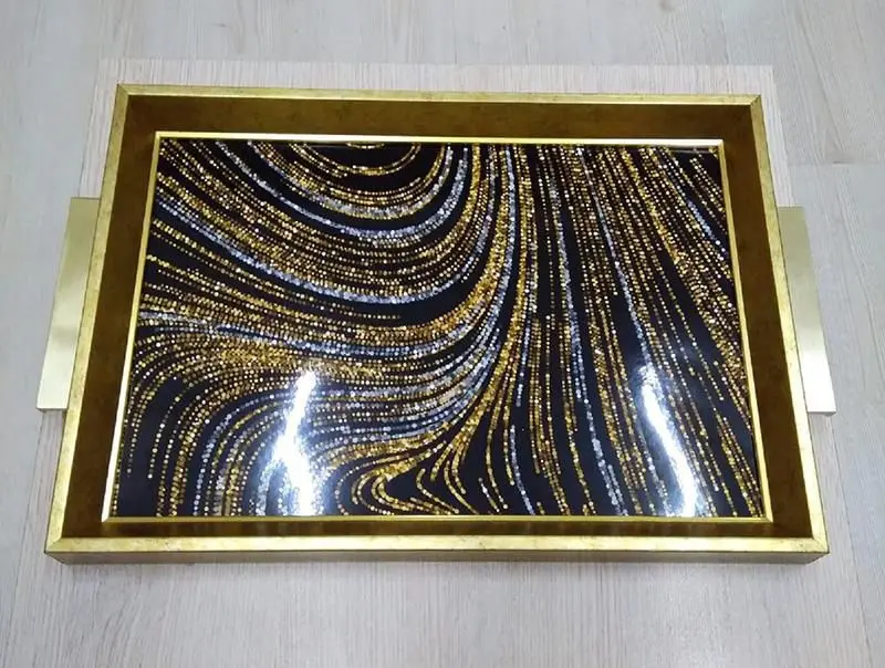 DOLBOVI Zücev 44x31 Rectangular Line Pattern Gold Wood tray A16 tray поднос plateau de service