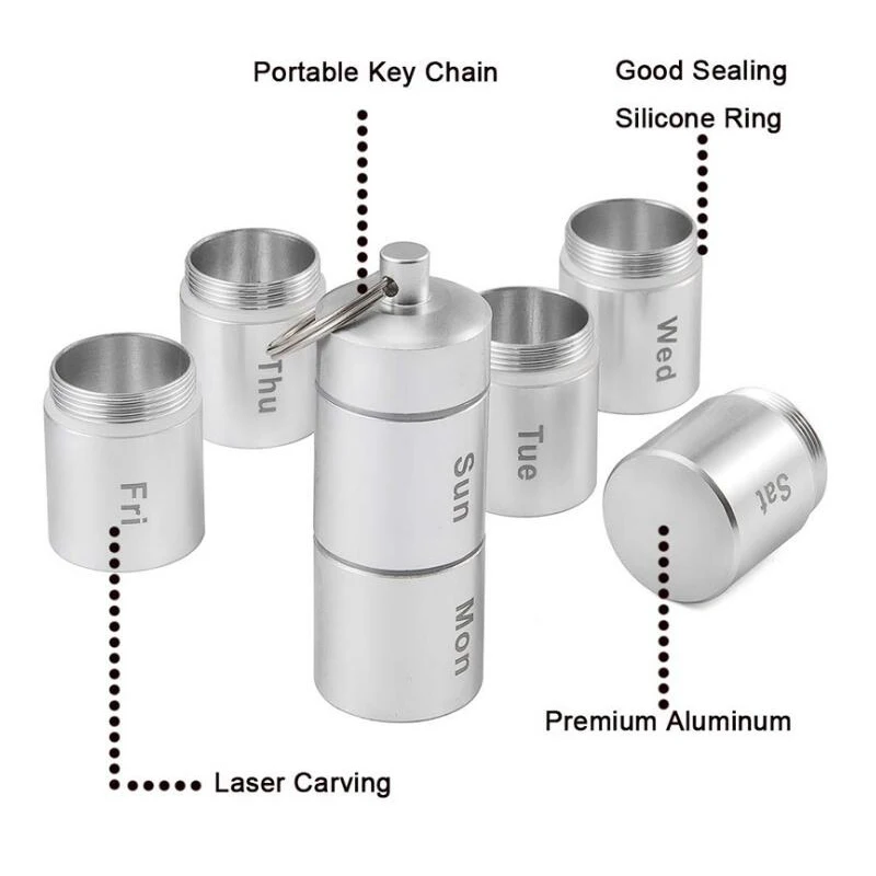 محكم مقاوم للماء 7 أيام سبليت سبائك الألومنيوم صندوق حبوب معدني أسبوعي الطب الفاصل اللوحي التخزين المنظم الحاويات