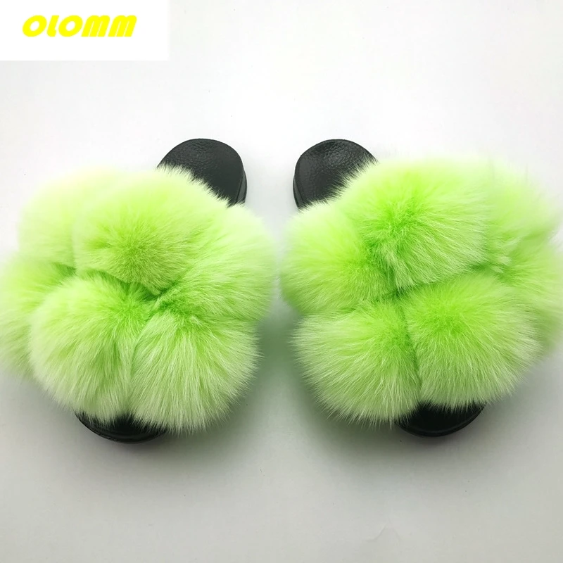 Wholesale Women Real Fox Fur Slides Home fluffy Flat Sandals Female Cute Fluffy House Shoes Woman raccoon fur slides