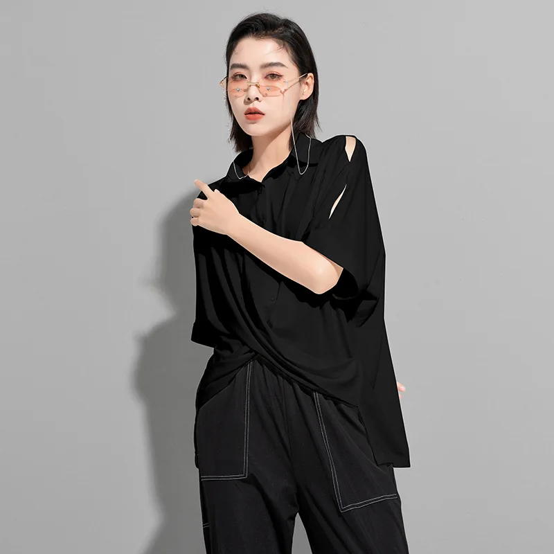 

Women's Short Sleeve T-Shirt Polo Collar Shoulder Asymmetrical Fashion T-Shirt Front Short Back Long Size Short Sleeve