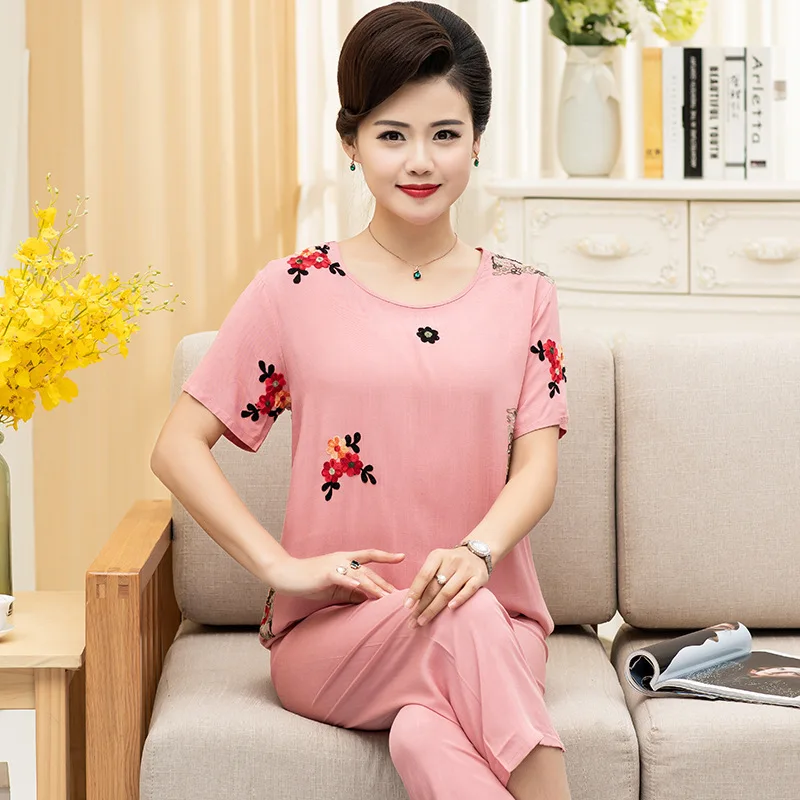 New Arrival Embroider Pajamas Set Middle-aged And Elderly Women Summer Cotton Nightwear Two-piece Suit Grandma Short Sleeve