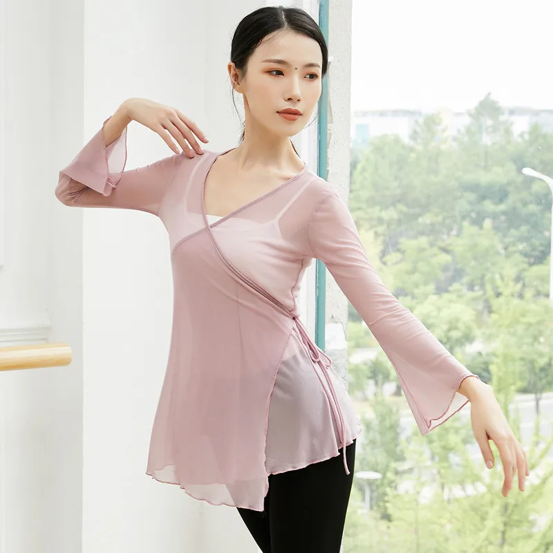 Sexy Transparent Classical Dance Shirt Long Sleeve Flowy Body Rhyme Gauze Top Women Folk Dance Practice Wear Light Weight