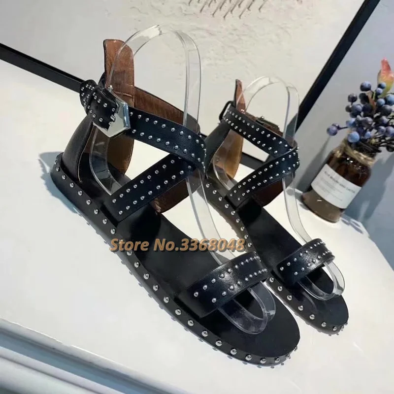 Black Leather Rivet Flat With Sandals Ankle Buckle Round Toe Cover Heel Summer Dress Women Shoes Studded Genuine Leather