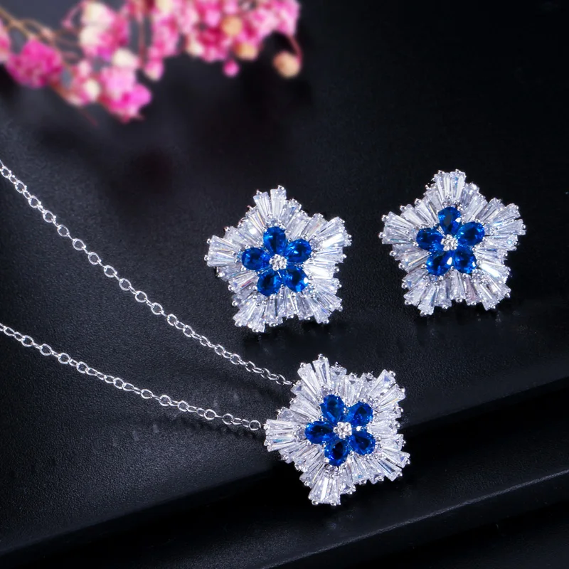 CWWZircons Marken-Damenmode Zirkonia Schneeflocken-Anhänger Halskette Ohrring-Sets für Frauen Party Geschenk Schmuck Großhandel T0037 – Detail 6