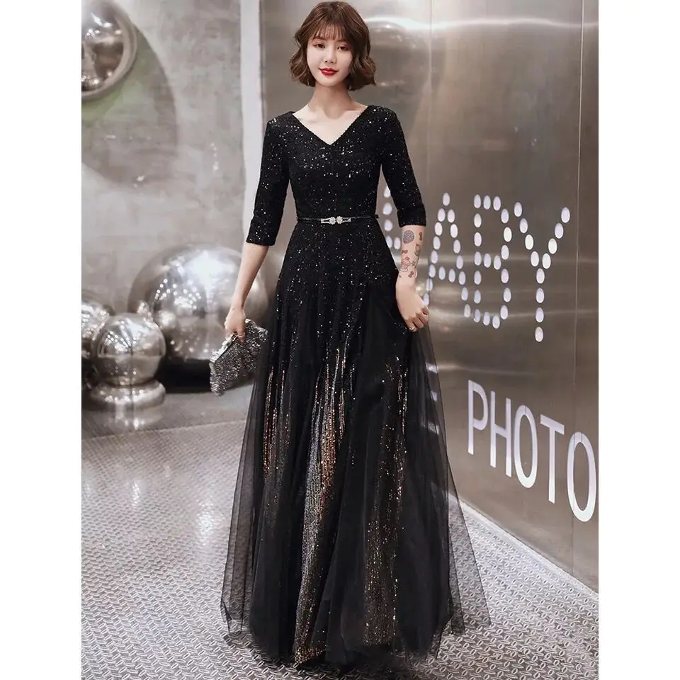 Evening Dresses 2020 Black Sequin V-neck Sparkle Elegant Little A-line Tulle Long Women\'s Formal Party Prom Gowns