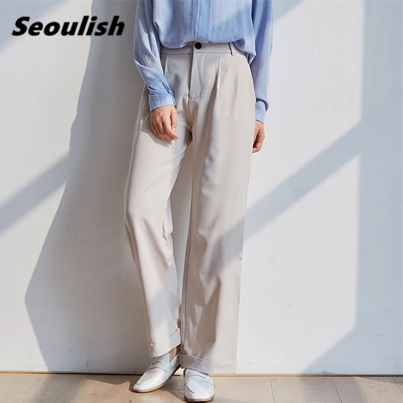 

Seoulish New Formal Women's Wide Leg Pants Minimalist High Waist Elegant Office Lady Loose Female Workwear Pants Pockets 2021