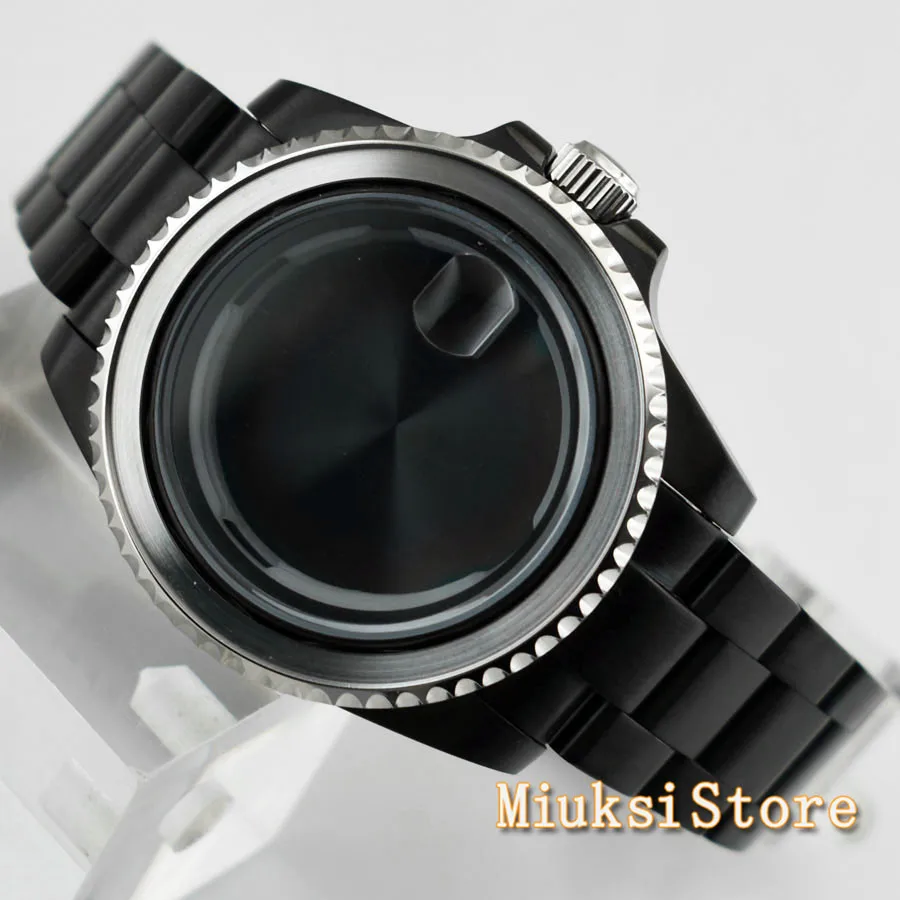 40mm sapphire glass date window PVD black steel watch case strap fit NH35 NH36 ETA2836,Miyota82 Serie,DG2813/3804 movement