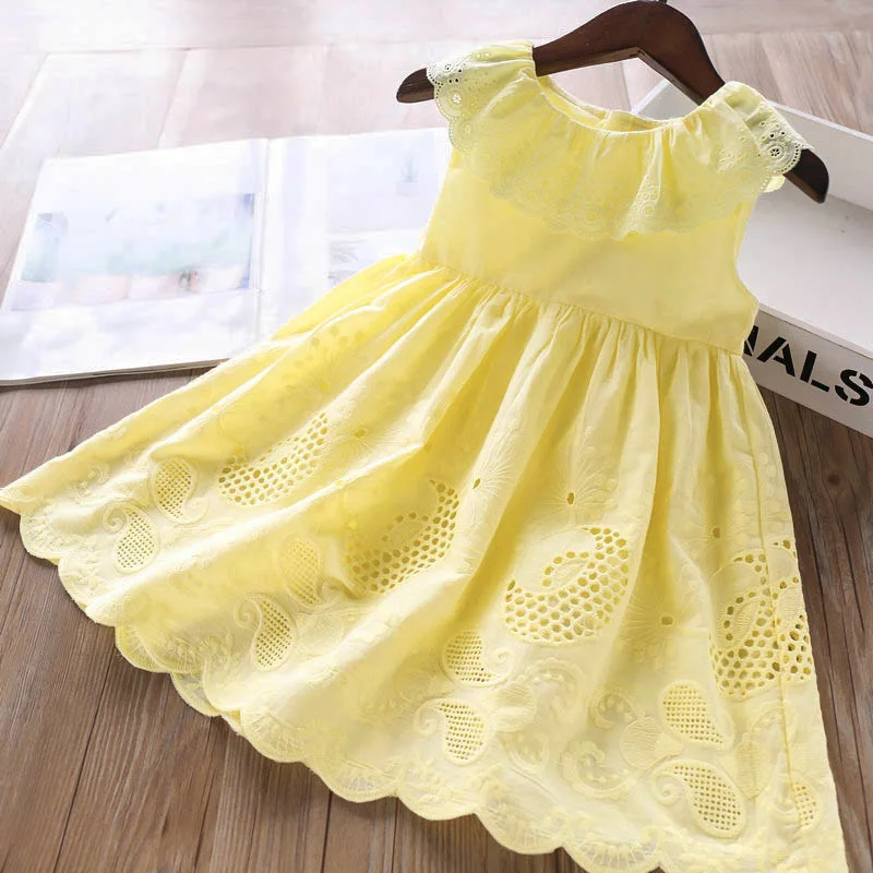 2024 New Girls\' Dresses Children\'S Summer Cotton Embroidered Hollow Dress Baby Kids Clothing Cute Ruffled Round Neck Vest Dress