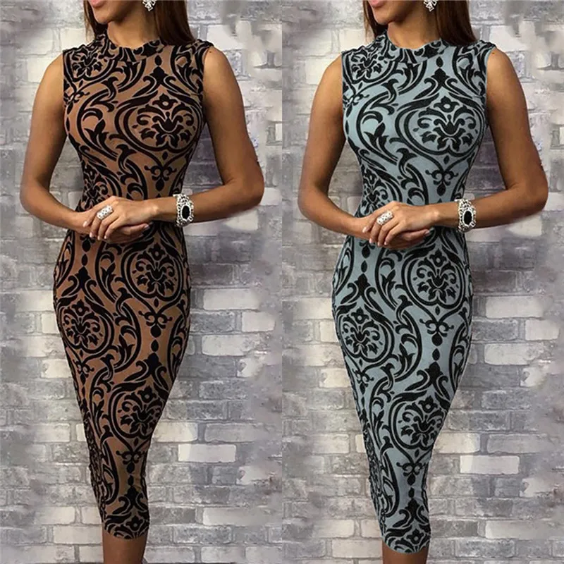 

2019 New Summer Elegant Dresses 2019 New Women Summer Retro Sleeveless Dress O-Neck Skinny High Waist Print Midi Pencil Dresses