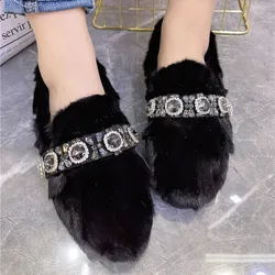 Black Women Crystal Casual Loafers Winter Warm Fur Smoking Shoes Woman Big Size Espadrilles Ladies Flats Creepers