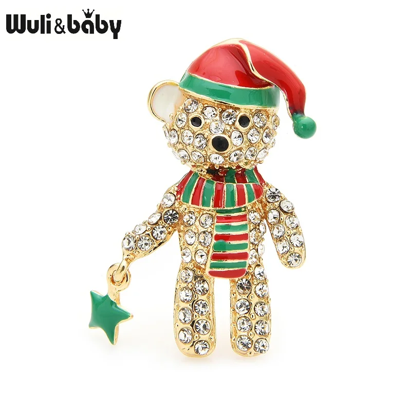 Wuli&baby Full Rhinestone Bear Brooches For Women Enamel Hat Bear Christmas Animal Brooch Pins Gifts