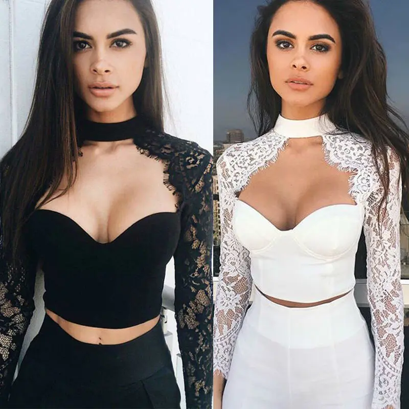 Summer Fashion Women Sexy Cutout Long Sleeve Lace Shirt Tops Blouse  Crop Tops White Black