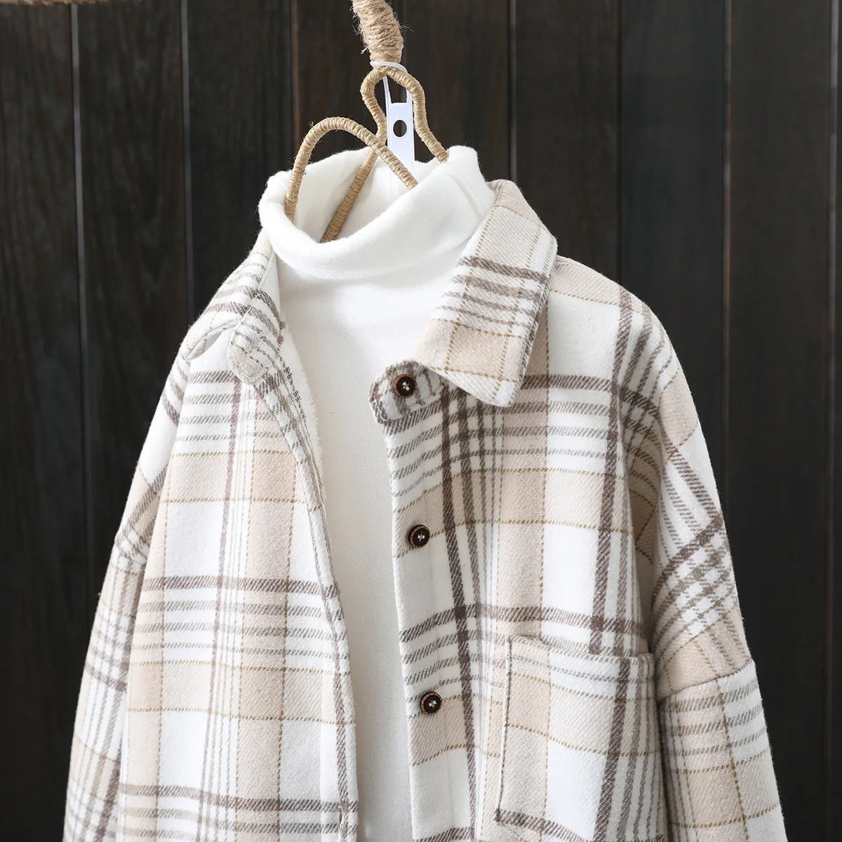 Winter New Women Vintage Oversize Woolen Plaid Shirts Warm Full Sleeve Thick Trun-down Collar Fleece Blouse Casual Outwear T1O90