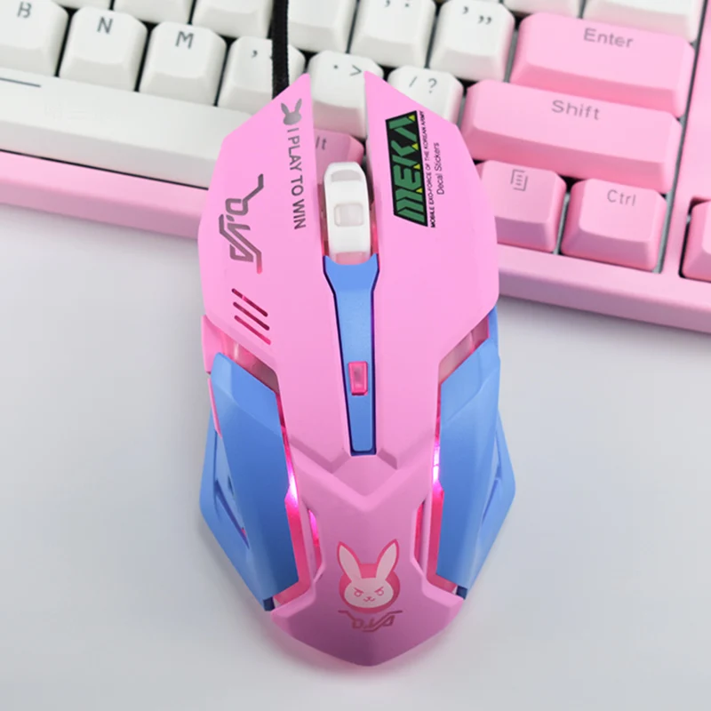 OW DVA Pink Game Office Mouse Girls Light-emitting Competition Chicken Cute Wired Mouse for PC Laptop CF Overwatch