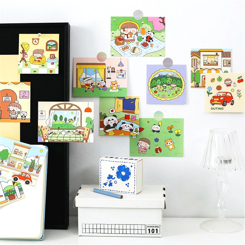 6-9pcs Cute Kids Drawing Decoration Cards Art Postcard Panda Dog Flower DIY Wall Sticker Photo Props Background Stationery Gift