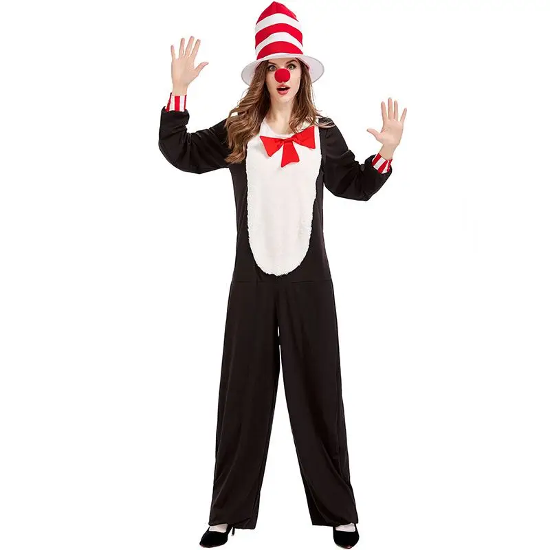 Unisex Adult Women Circus Clown Magician Cosplay Men Halloween Black Cat Jumpsuits Costumes Carnival Purim Role Play Party Dress