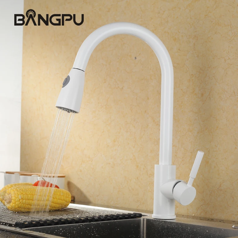 

BANGPU Kitchen Sink Faucet Pull Out Kitchen Faucet 1 Hole Kitchen Tap White Sink Tap Dual Function Single Handle Deck Mounted