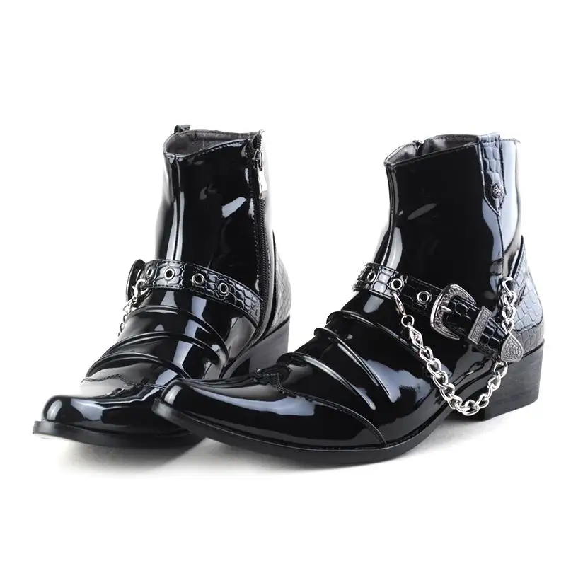 British Luxury Mens Black Ankle Boots Pointed Toe Trending Patent Leather Chains Charm Party Show Shoes Stage Leisure Zapatos