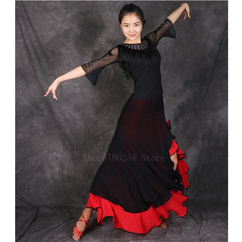 Spanish Flamenco Skirt Women Girl Belly Dance Wear Gypsy Patchwork Ruffle Split Modern Dress Street Performance Big Wing Costume