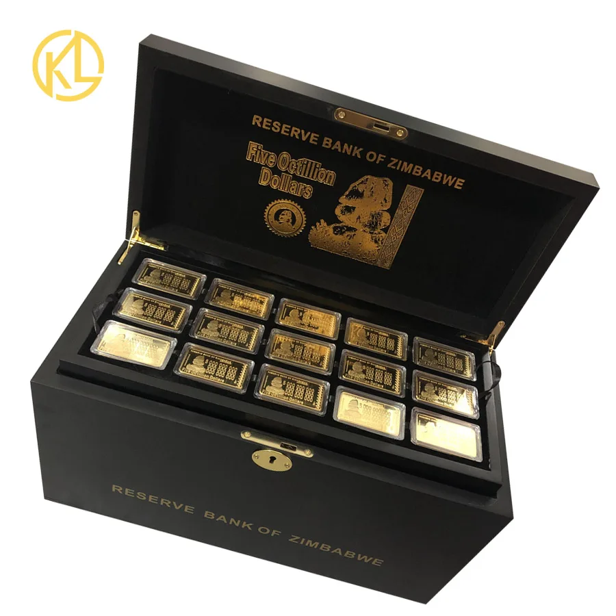 

270pcs Gold plated Five Octillion Dollars Zimbabwe Metal Bar With Nice Wooden Box for nice gift