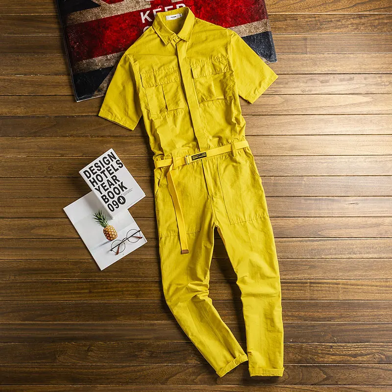 2021 Summer Thin Short Sleeve Men Jumpsuit Lapel Multi-Pocket Breathable Overalls Fashion Black Yellow Pants Workwear Trousers