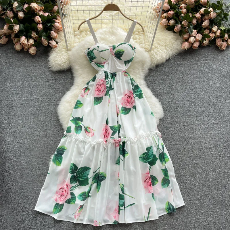 2024 Summer Rose Floral Bohemian Party Dress Women\'s Spaghetti Strap Backless Sexy Padded Cup Flower Print Beach Elbise Robes