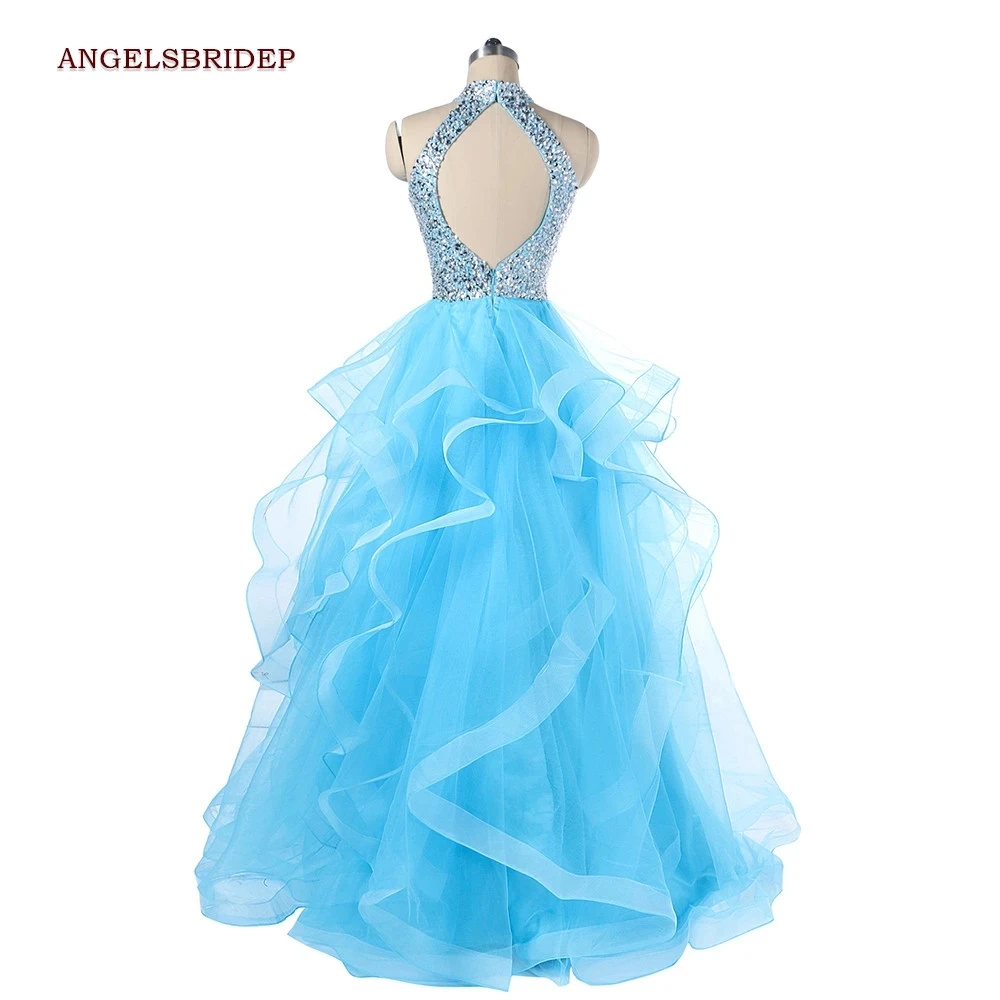 ANGELSBRIDEP wysoka dekolt niebieska sukienka na studniówkę zroszony Tulle Party Dress wzburzyć Vestidos de festa formalne suknie wieczorowe