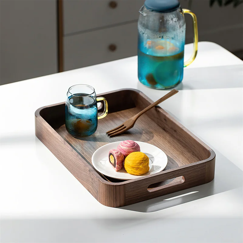 Solid Wood Handle Tray European Black Walnut Rectangle Pallet Wooden Fruit Snack Plate Home Hotel Service Plate Storage Tray