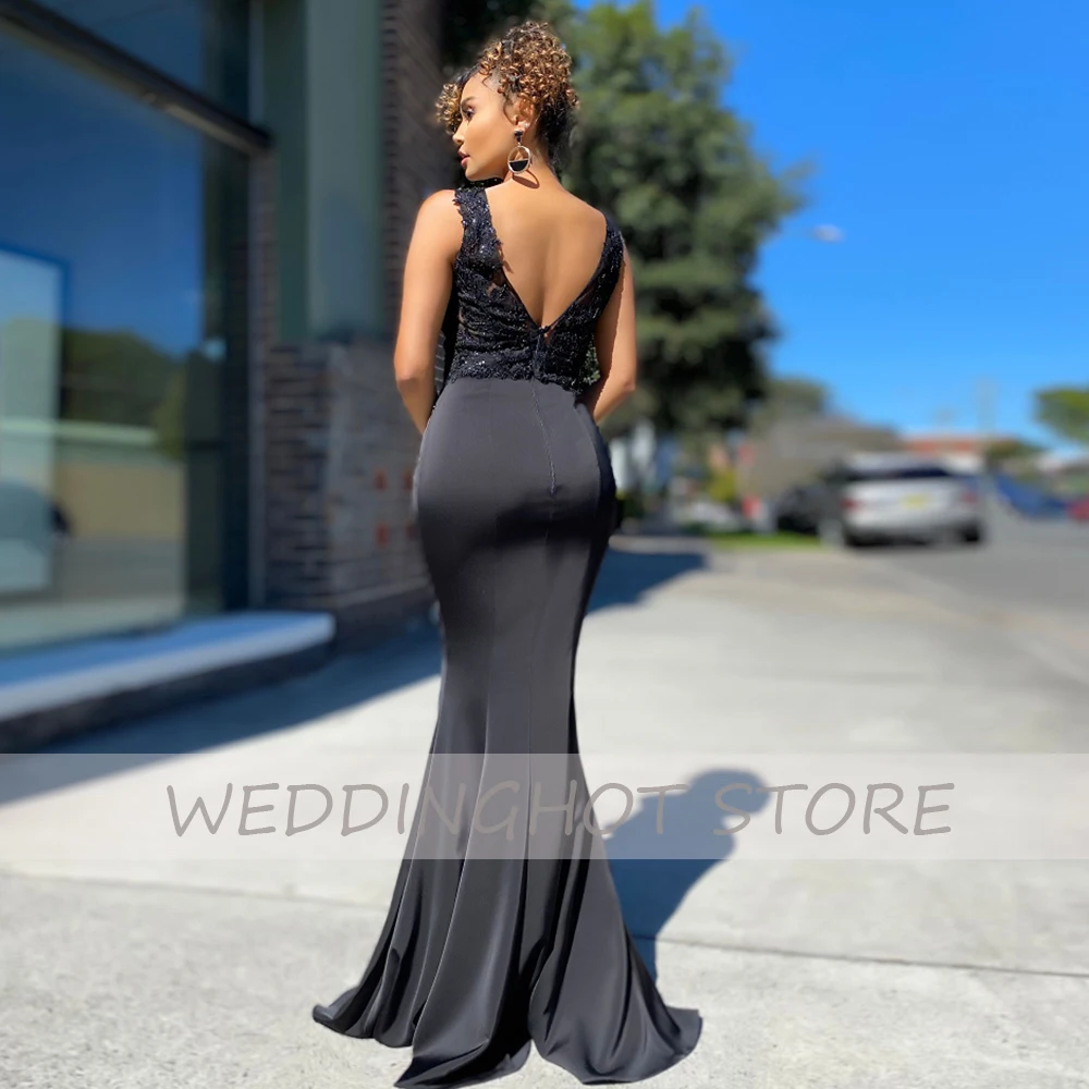 Pink Mermaid Evening Dresses 2021 Simple V-Neck Lace Applique Prom Gowns Elegant Satin Black Custom Party Dress robes de soirée