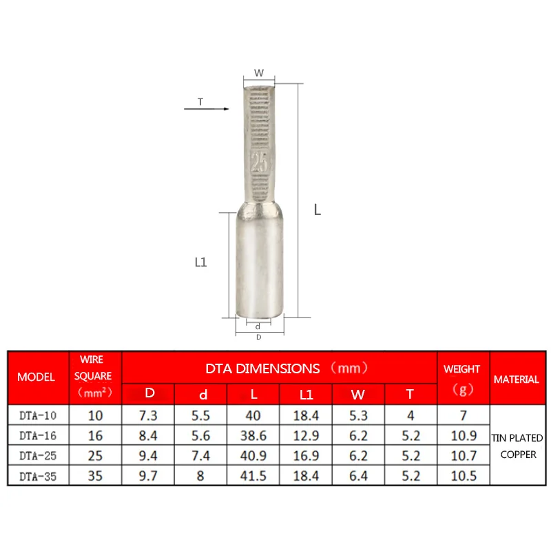 5PCS/10PCS DTA-10/16/25/35/50mm2 Ammeter Terminal Tin Plated Copper Meter Connector Terminal  High Quailty