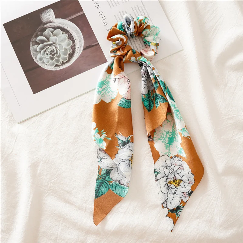 Floral Print Scrunchies Long Ribbon Ponytail Scarf Hair Tie Scrunchies for Women Girls Elastic Hair Bands Hair Accessories Gitf