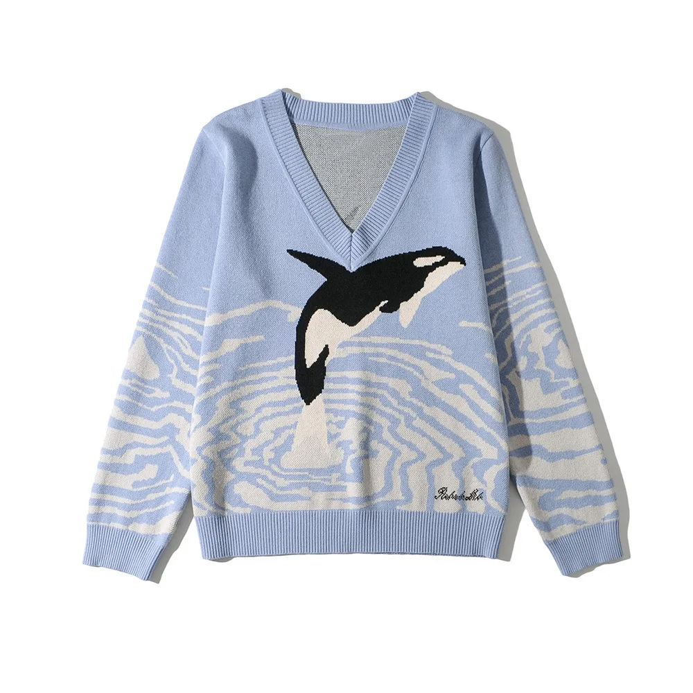 

Women Fashion New Auturn Sweater V Neck Whale Jacquard Loose Sweater