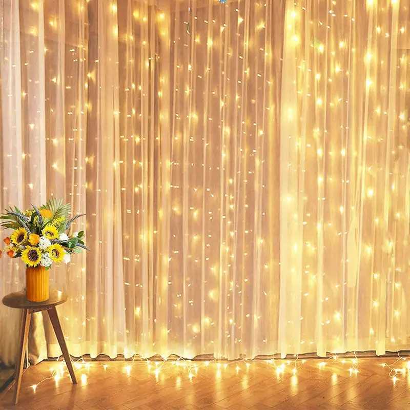 Fairy Curtain String Lights, Xmas Home, Window Party, Pátio Lawn, Decoração De Árvore De Jardim, Cofre De Baixa Tensão, 3m x 3m, DC29V, 3m x 3m