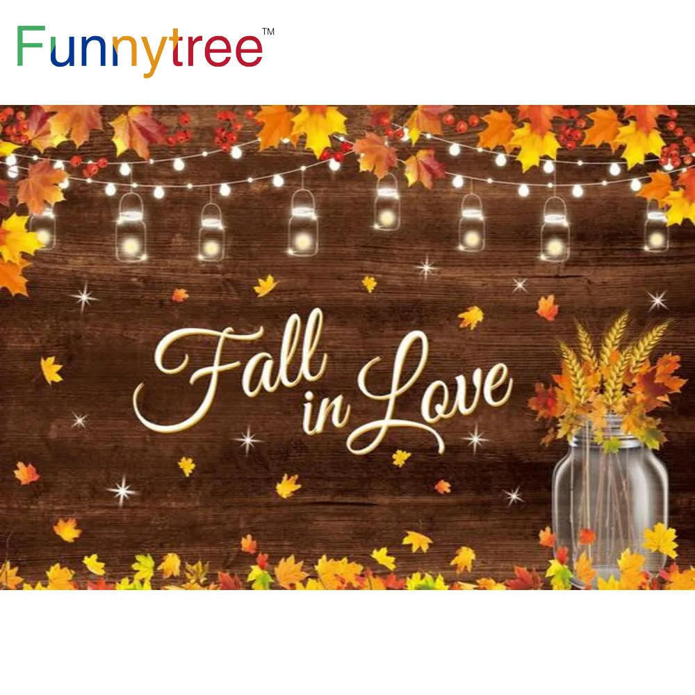 Funnytree Fall in Love Wedding Background Romantic Bridal Autumn Harvest Event Leaves Dots Lights Wheat Backdrop Photozone