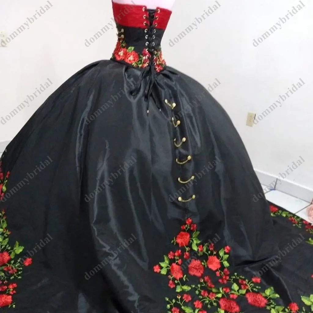 Vestido de quinceañera mexicana con estampado de flores rojas y Negro moderno, vestido de baile, lazos hinchados, fiesta Formal XV, vestido de graduación, corsé, 2023