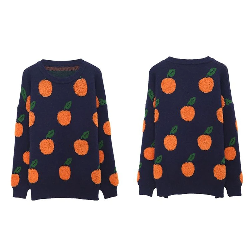 Lovely Women Jumpers Black Beige Sweater O-Neck Colorful Candy Color Oranges Pattern Knitwear Slim All-Match Lady Pullovers Tops