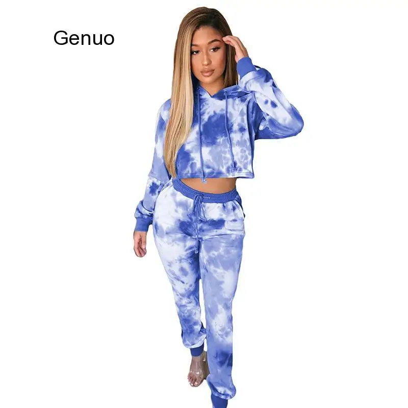 

Women 2 Pieces Set 2020 Autumn Casual Regular Hooded Full Sleeve Top Long Pants Slim Tie Dye Tracksuits Female Jogger Sets