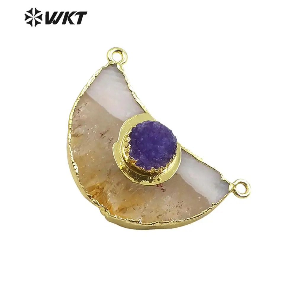 

WT-P1512 Newest Fashion Yellow Quartz Crescent Stone Pendant Lady Double Loops Yellow Natural Crystal In 18k Gold Paved