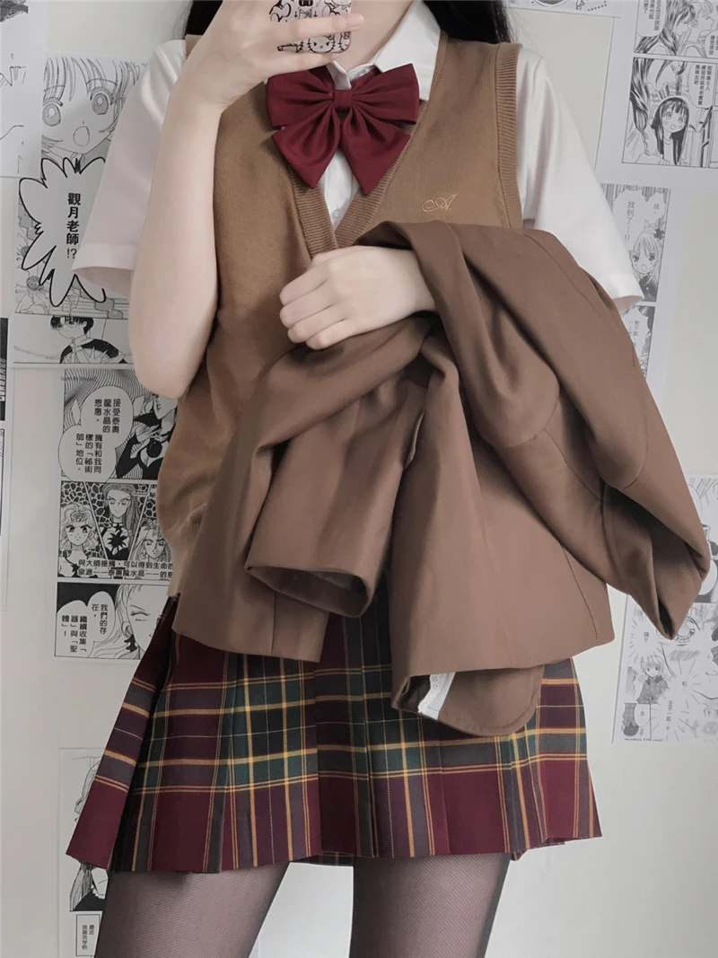 New Fashion Coffee Brown JK Blazer Women Uniform Coat Jacket Anime Short Red Pleated Skirt Summer Spring Girls' School Uniforms