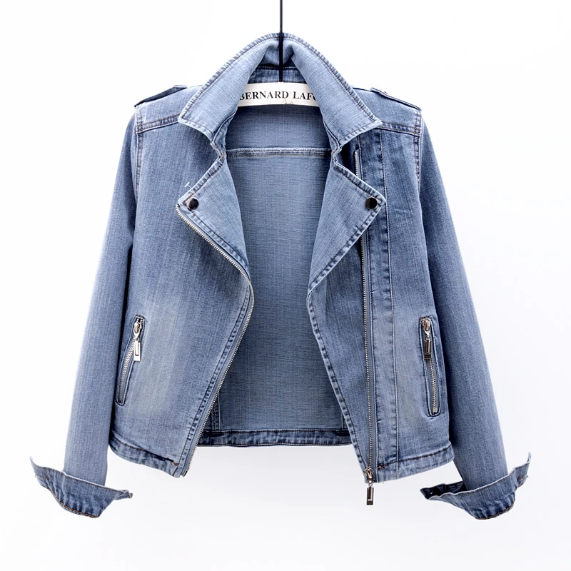 Short Zipper Stretch Denim Jacket Women Slim Vintage Spring Autumn Lady Long-sleeved Motorcycle Coat Casual Female Jean Outwear