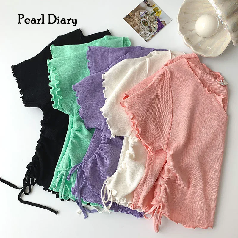 

Pearl Diary Women Rib Knitted Tees V Neck Short Sleeve Lettuce Edge Pastel Color Crop Tops Side Ruched Drawstring Slim Fit Tops