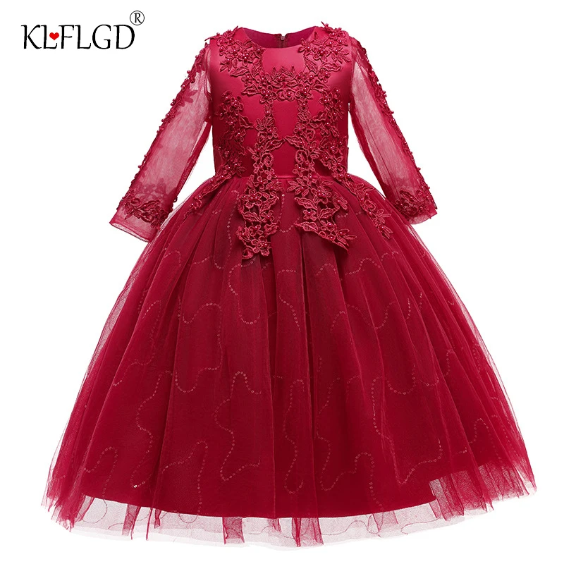 2024 new year dress flower girl dress female baby elegant embroidery flower sequined mesh long-sleeved wedding dress