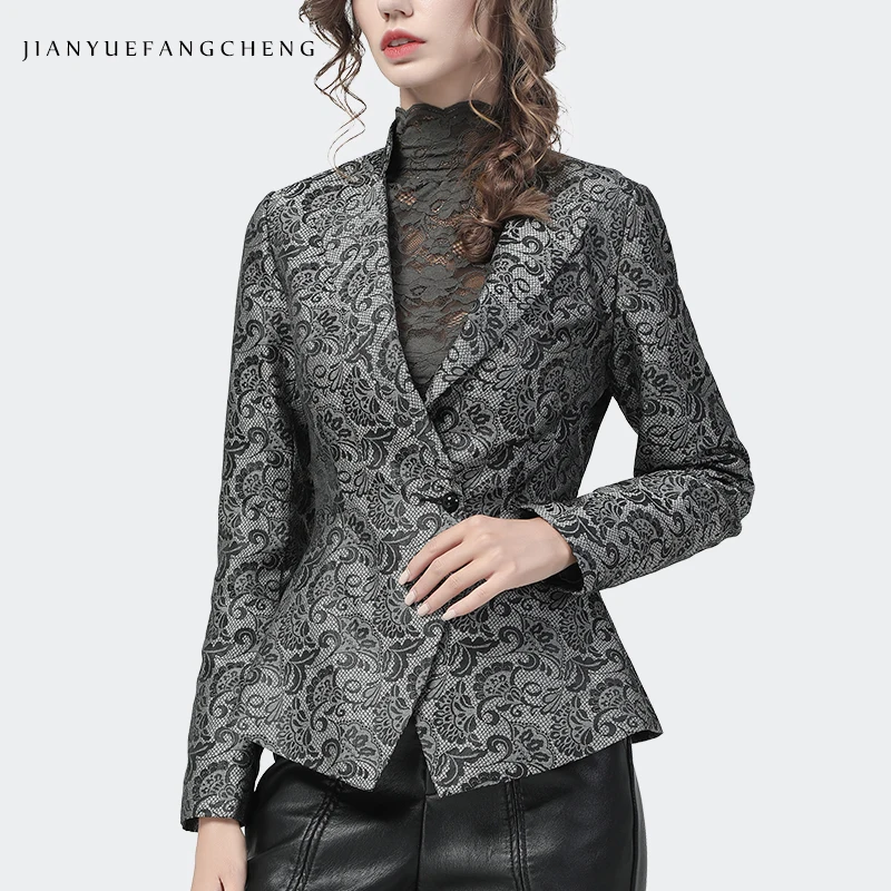 2022 Autumn New Women' Jacquard Blazer Elegant Suit Collar Long Sleeve Slimming Short Jacket Vintage Casual Office Female Coat